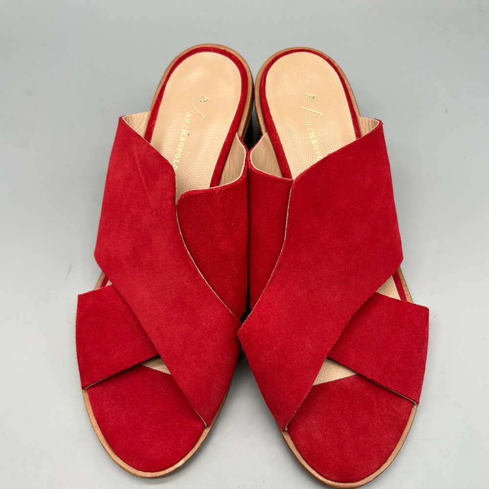Anthropologie Red Suede Crossover Block Heel Slide Sandals Mules Womens Size 38 - Picture 2 of 6